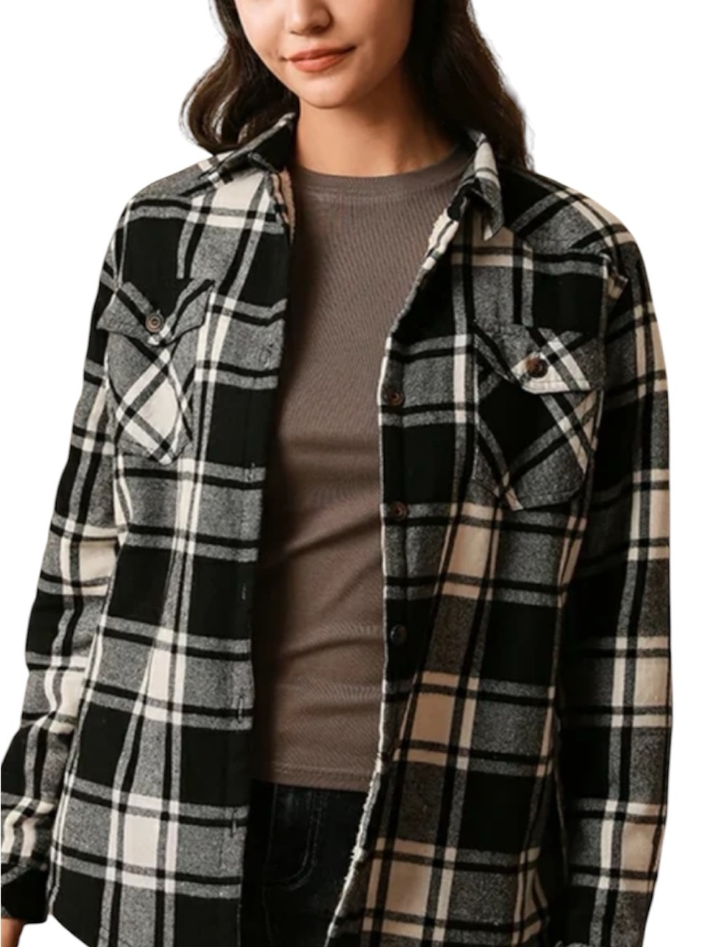 Black & White Plaid Utility Shacket - Women's Lightweight Jacket L423